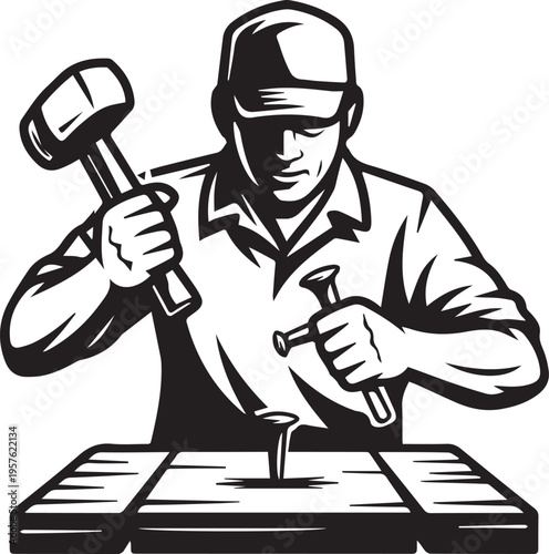 Strong carpenter hammering nails into wooden boards wearing work cap and shirt in professional woodcraft workshop manual labor drawing