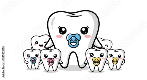 Cute cartoon teeth with pacifiers illustration