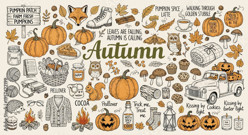 An autumn scene with various objects and symbols scattered around the word Autumn.