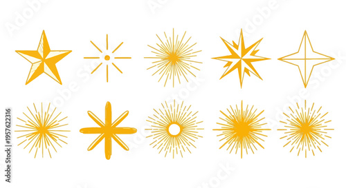 Golden starburst illustrations shine brightly on white background
