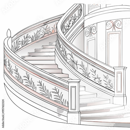 An elegant curving staircase with ornate floral detailing is showcased