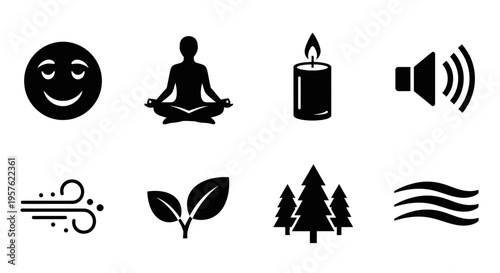 Meditation session with candle and nature symbols around a serene person