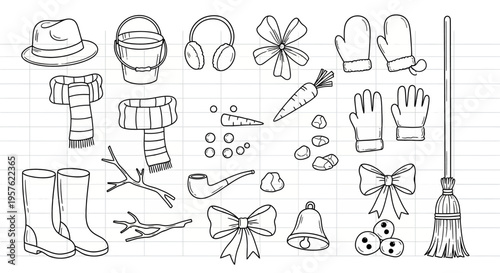 Winter clothing and accessories arranged on a grid paper background