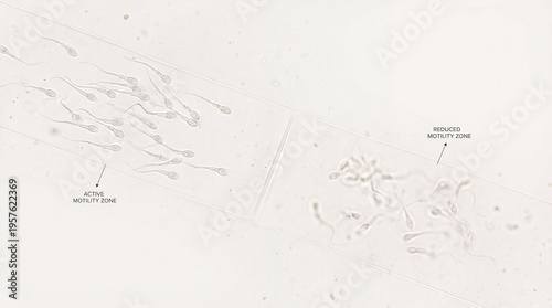 Close up microscope image showing sperm cells in active and reduced motility zones on glass analysis slide. Concept of semen quality testing and reproductive laboratory diagnostics.
