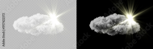 Bright sun rays shining behind a soft white cloud isolated on transparent and black background, glowing light effect perfect for weather design, overlays and compositions.