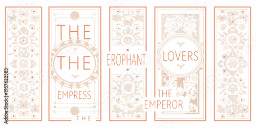 Four tarot card designs featuring ornate patterns and text elements