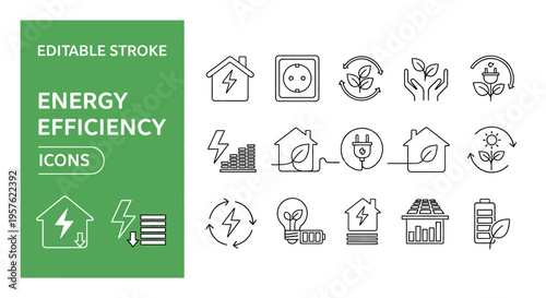 Energy efficiency icons showcase various symbols for eco-friendly practices and technology