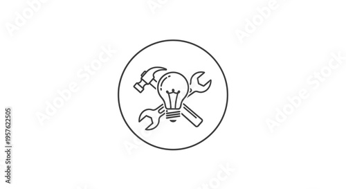 Repair tools and idea lightbulb outline icon in black circle on isolated white background