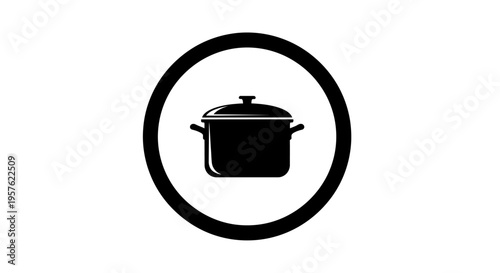Cooking pot with lid icon in a black circle on isolated white background