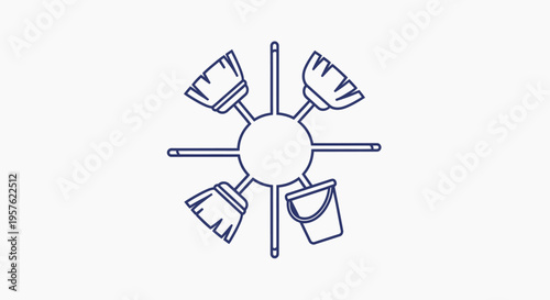 Cleaning tools outline icon with brooms, mops, and bucket in blue on isolated white background