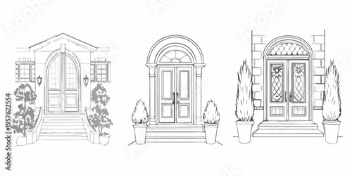 A series of elegant architectural door designs in a monochrome sketch