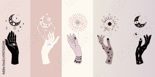 Mystical hands with celestial symbols and floral lunar motifs