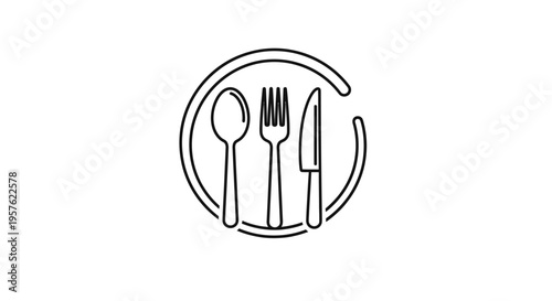 Cutlery outline icon with spoon, fork, and knife in black circle on isolated white background