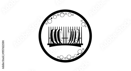 Dish rack with plates icon in a black circle on isolated white background