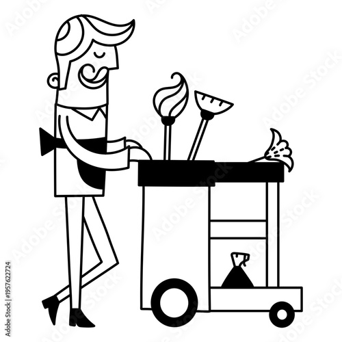 A janitor carrying cleaning supplies