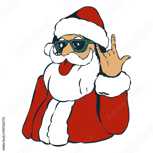 Santa Claus happily making a rocker gesture