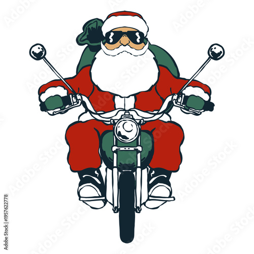 Santa riding a motorcycle and delivering gifts