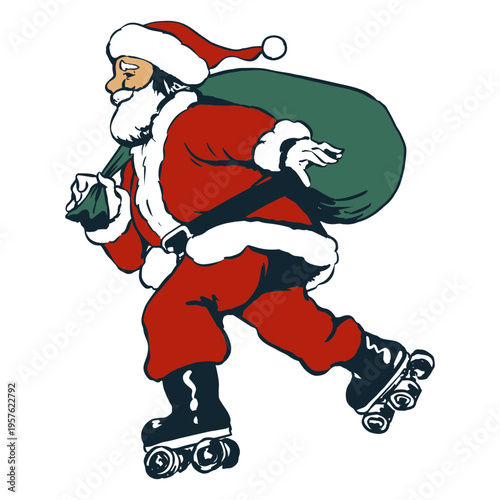 Santa Claus joyfully delivering gifts on roller skates