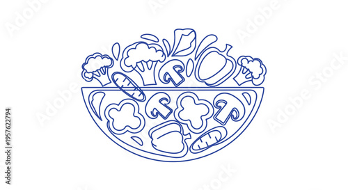 A simple line drawing depicts a bowl filled with various fresh vegetables and mushrooms high quality