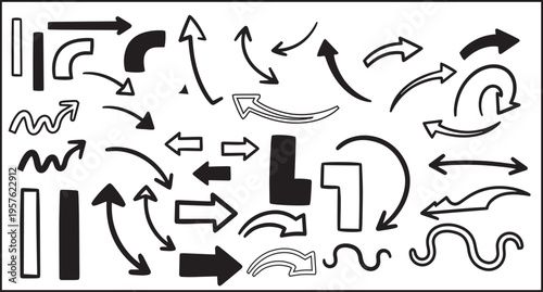 Collection of various black arrows and symbols on white background