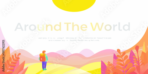 A lone traveler contemplates a vibrant landscape under a bright sun