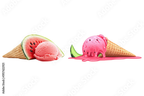 Watermelon ice cream cones, offering a refreshing summer treat on Isolated Transparent Background, Ai Generative