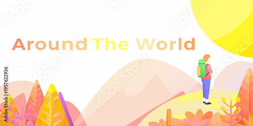 A minimalist illustration depicts a person overlooking a colorful landscape