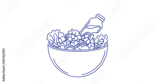 A simple line drawing depicts a bowl of salad being dressed with oil high quality professional