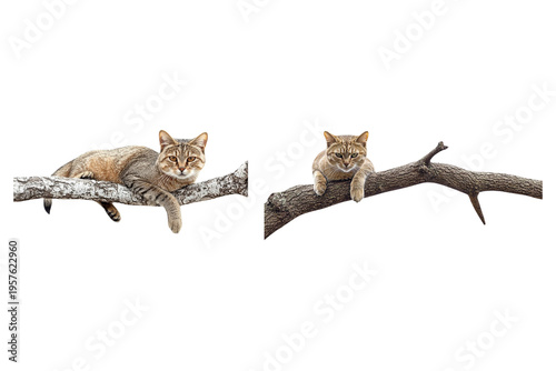 Two wildcats resting lazily on a tree branch, observing on Isolated Transparent Background, Ai Generative