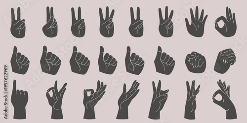 Variety of black silhouette hands making different hand gestures