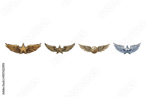 Four distinct aviation wings displayed in a row, each with a unique design and metallic sheen. Each wing design includes stars and wings on Isolated Transparent Background, Ai Generative