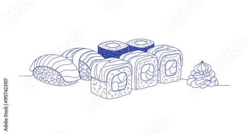 A minimalist line drawing depicts several pieces of sushi and a dollop of wasabi high quality