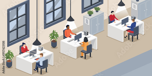 Isometric illustration of a modern open plan office workspace with employees