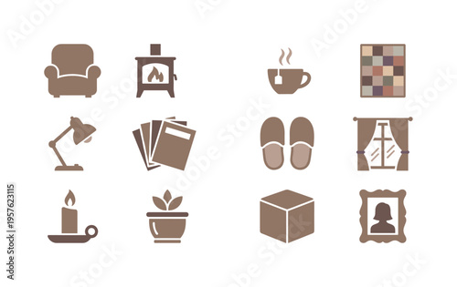 Cozy home icons collection depicting various comforting elements