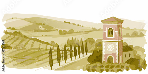 A charming tuscan landscape featuring a tower amidst rolling hills and vineyards
