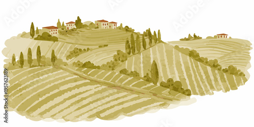 A watercolor illustration of rolling hills with houses and cypress trees