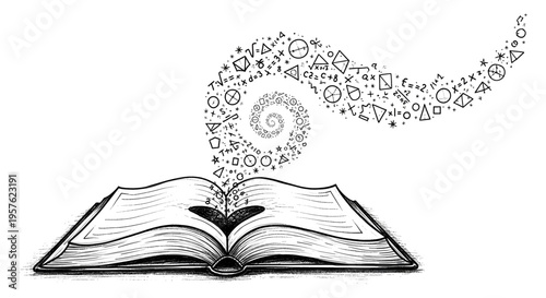 Open Magic Book with Heart Pages and Scientific Swirl: Hand-Drawn Sketch of Educational Knowledge Flowing with Math Formulas, Physics Symbols, and Geometry Shapes for Love of Learning and Science