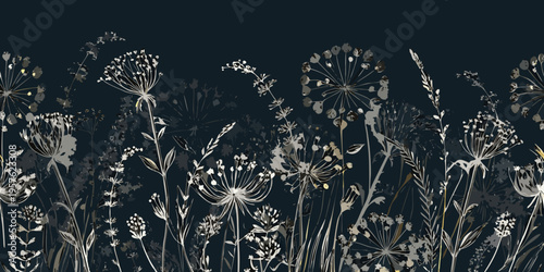 Delicate floral pattern with sketched wildflowers and grasses on a dark background