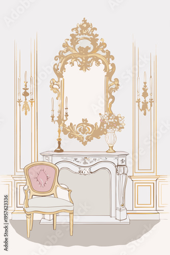 Ornate gold mirror above a marble fireplace with vintage furniture