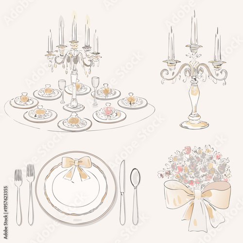 Elegant dinner setting with candelabras floral arrangements and place settings