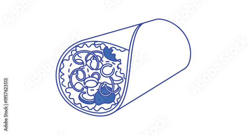 A simple blue line drawing depicts a burrito with visible fillings inside the tortilla high quality