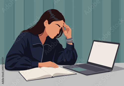 Stressed young woman studying at desk with laptop and book