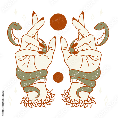 Mystic hands surrounded by snakes