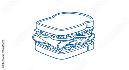 A simple blue line drawing depicts a classic sandwich with multiple layers of fillings high quality