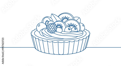 A minimalist line drawing depicts a fruit tart with kiwi raspberries and blueberries high quality professional