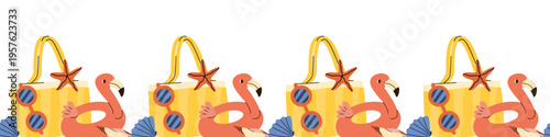 Summer vacation on coastal seamless border. Vacation elements flamingo floating ring, sunglasses and beach bag.