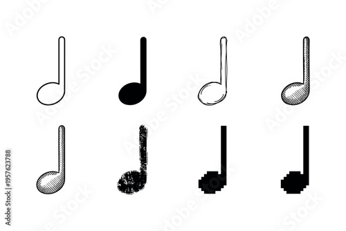 Collection of eight different musical eighth note symbols in various artistic styles