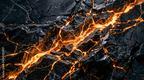 Molten lava glowing through cracked black rock surface, dramatic abstract texture with fiery energy and high contrast natural pattern.