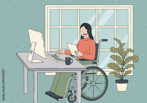 Woman in wheelchair working remotely with computer, headset, and papers.
