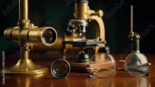 Antique brass telescope and microscope in a dimly lit setting